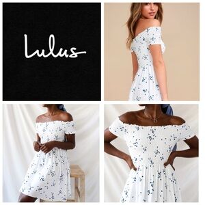 Santa Monica Pier Blue and White Print Off-the-Shoulder Dress